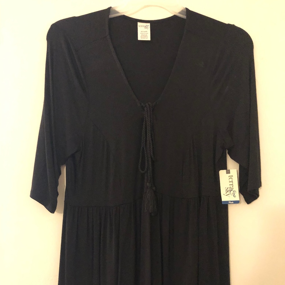 Womens Sz 14W Black Drawstring Tunic Terra & Sky
